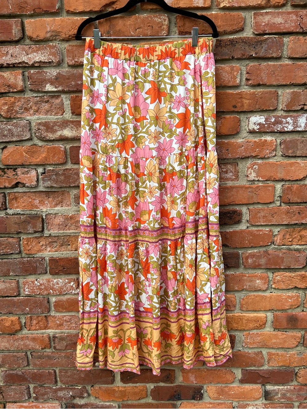 Gigio NWT Colorful Floral Tiered Maxi Skirt Pink & Orange Lined Sz Large